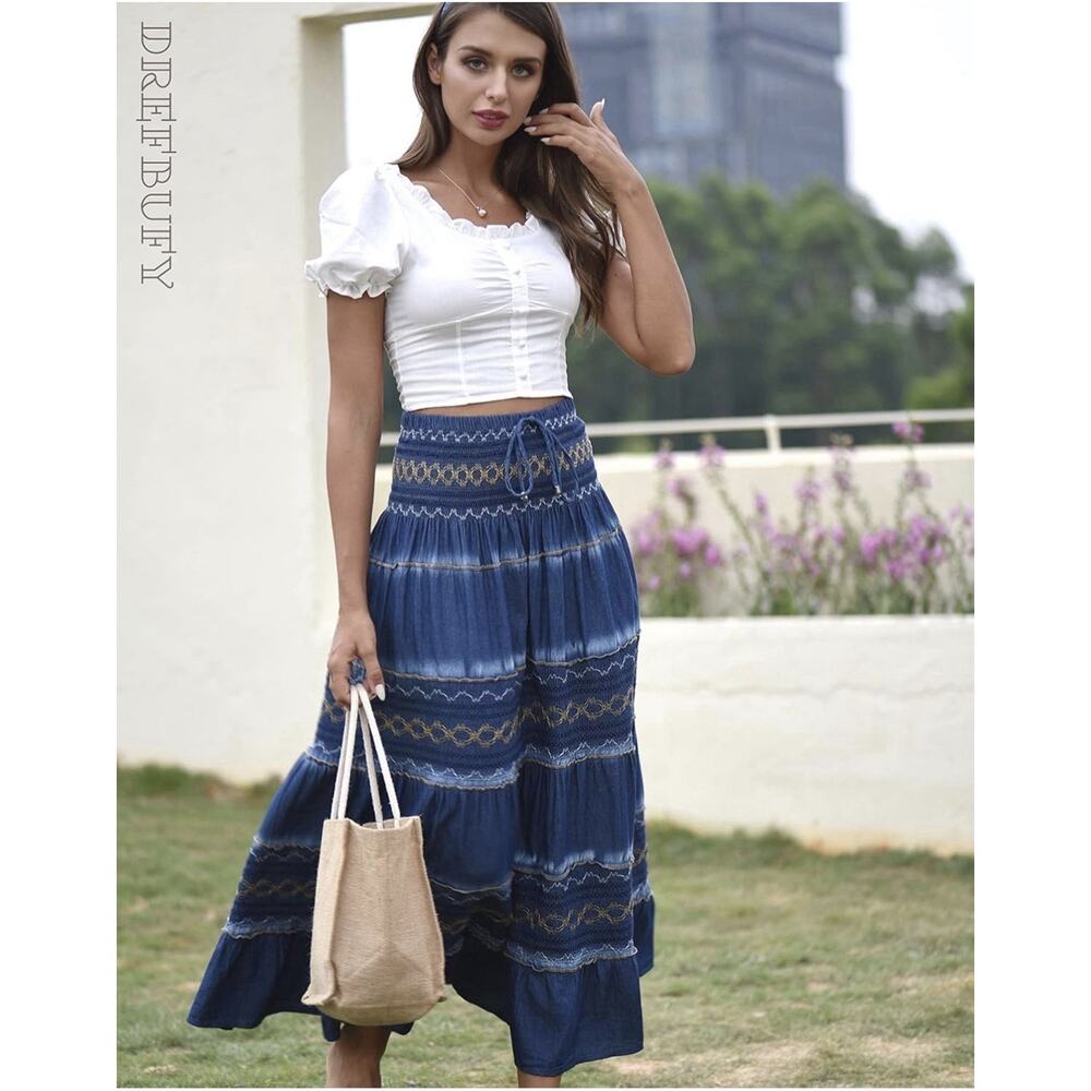 Boho Denim Tiered Maxi Skirt Embroidered Smocked Waist Chambray Peasant Dress L